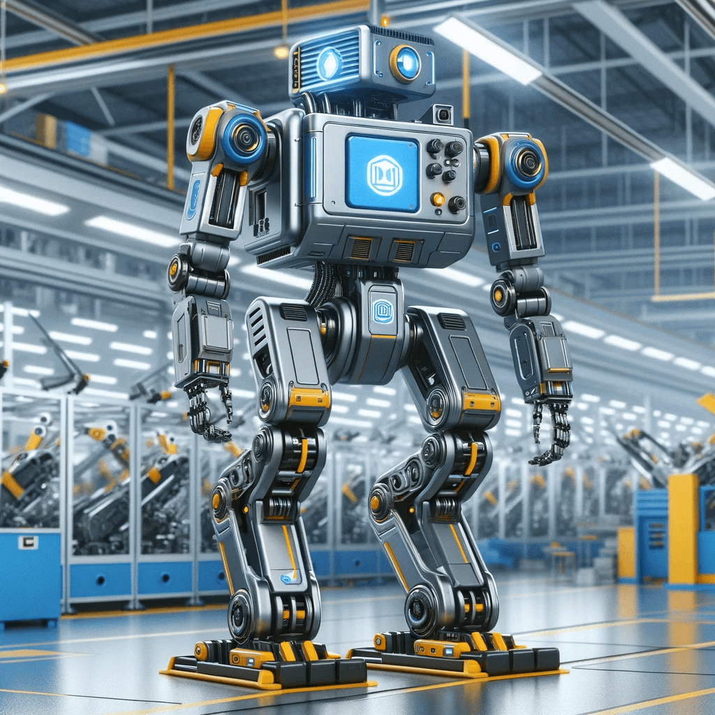 A fictional industrial robot designed with inspiration from real assembly line robots in the automotive industry. The robot has 4 legs for movement an