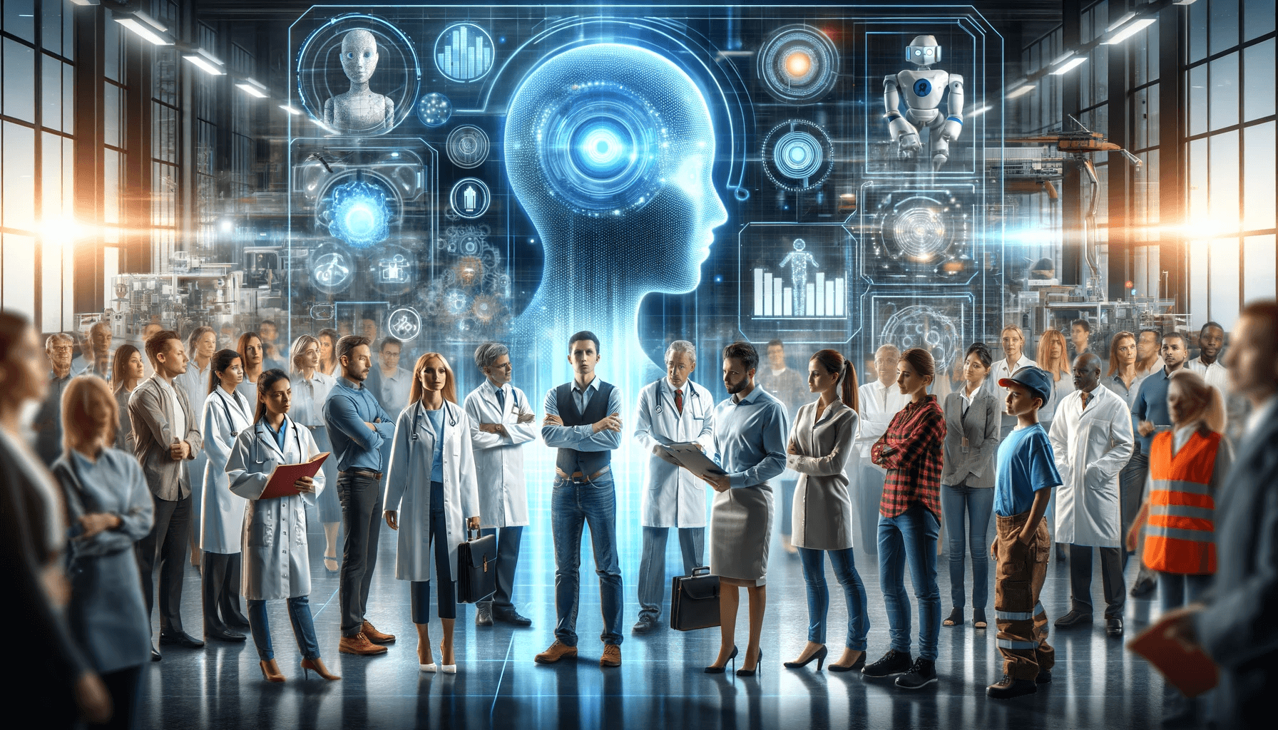 A diverse group of people from different professions, including a scientist, a teacher, a factory worker, and an office employee, are gathered around